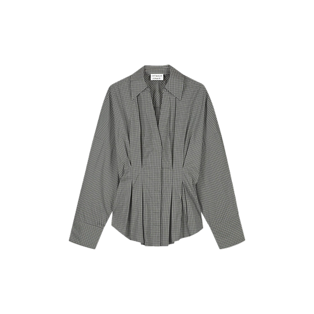 Check blouse with waist pleats Groen