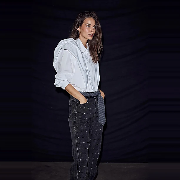 FLIP WAIST RIVET TALL JEANS Zwart